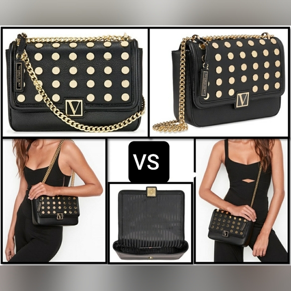 Victoria's Secret Chain Strap Shoulder Bag Gold Studded Black Faux Leather Flap - Picture 2 of 14